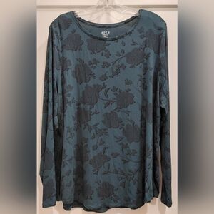XXL Womens Apt. 9 Teal and Black Floral Long Sleeve Top